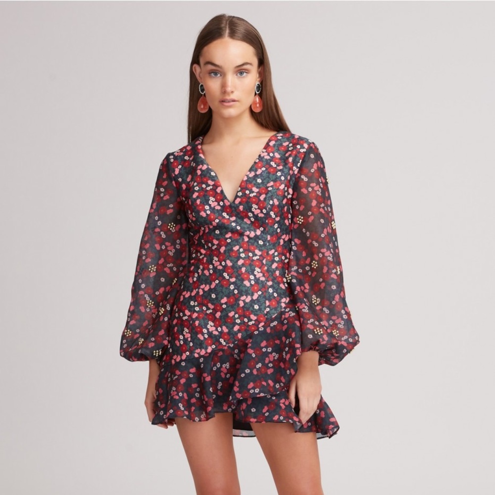 Floral V-Neck Chiffon Dress - Black and Red